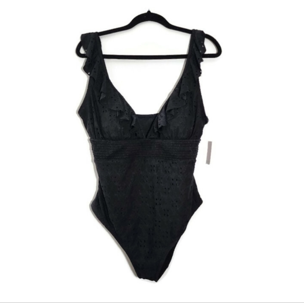Lauren Conrad Smocked Ruffle Eyelet Black One Piece Swimsuit size  XL
